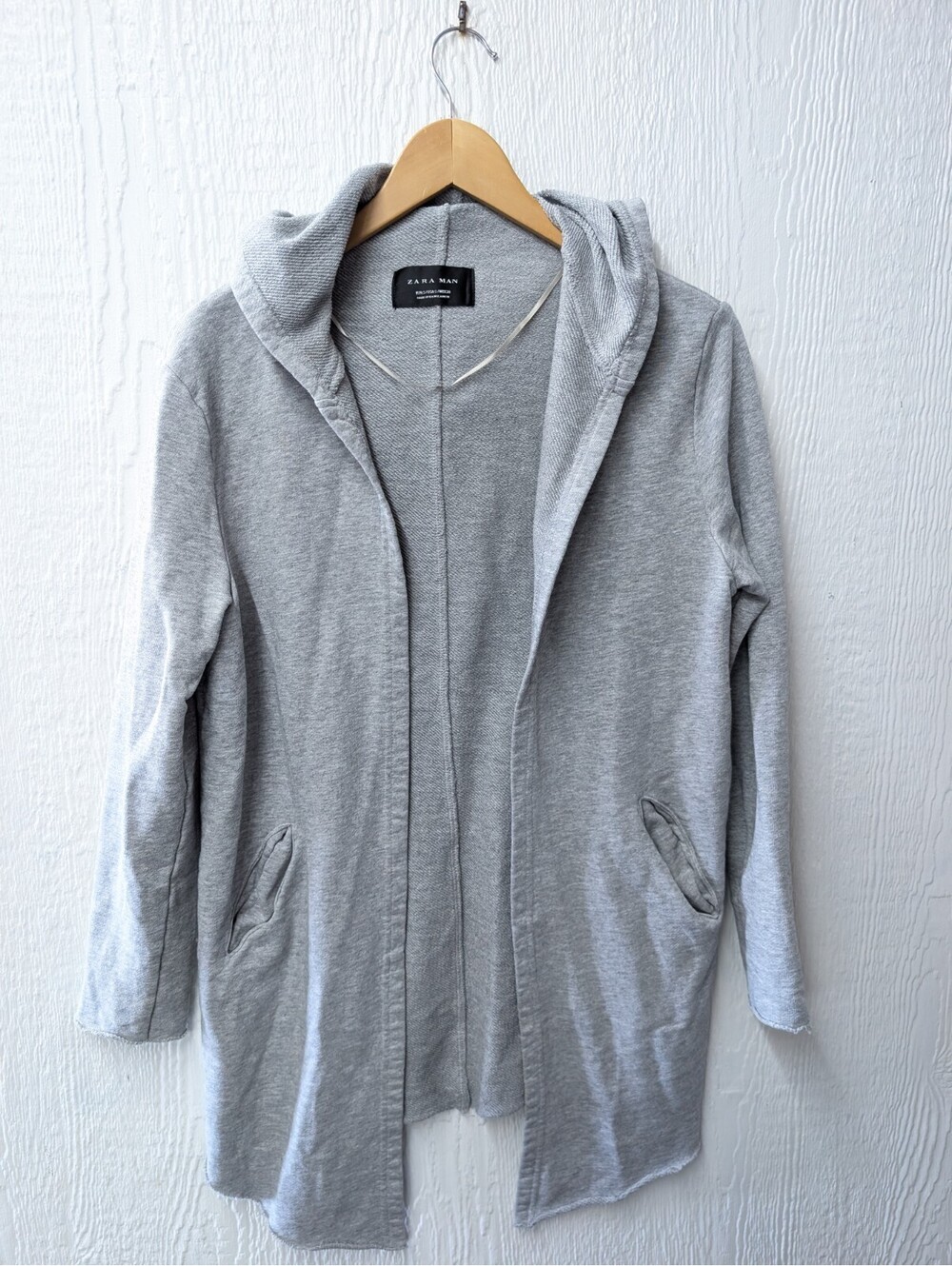 Zara Man Gray Cotton Open Front Hoodie Cardigan Casual Preppy Size Small
